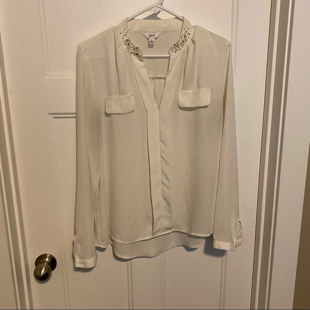 Cream blouse with beaded neck detail size L
